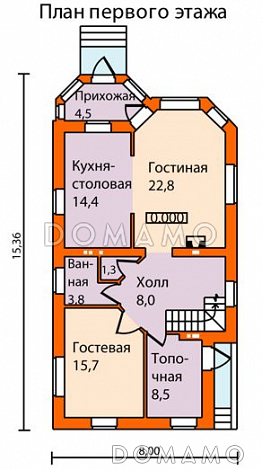 Проект небольшого кирпичного дома с выразительным обликом главного фасада / План 1 этажа