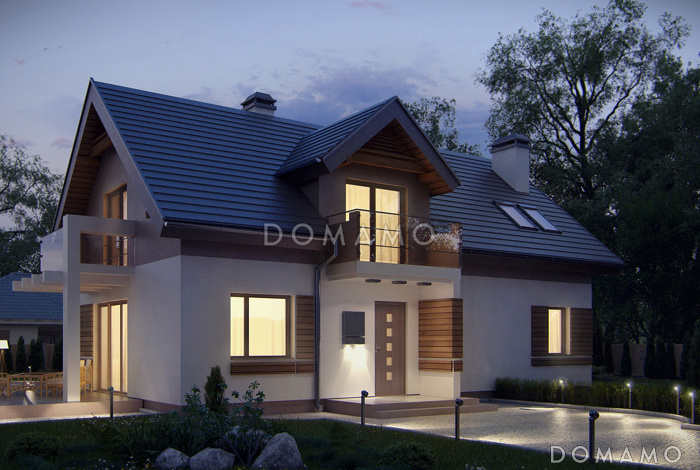 Проект одноэтажного мансардного дома из кирпича с четырьмя комнатами и тремя балконами