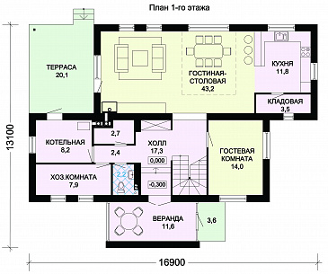 Проект дома из панелей SIP с четырьмя просторными спальными комнатами на мансардном этаже / План 1 этажа