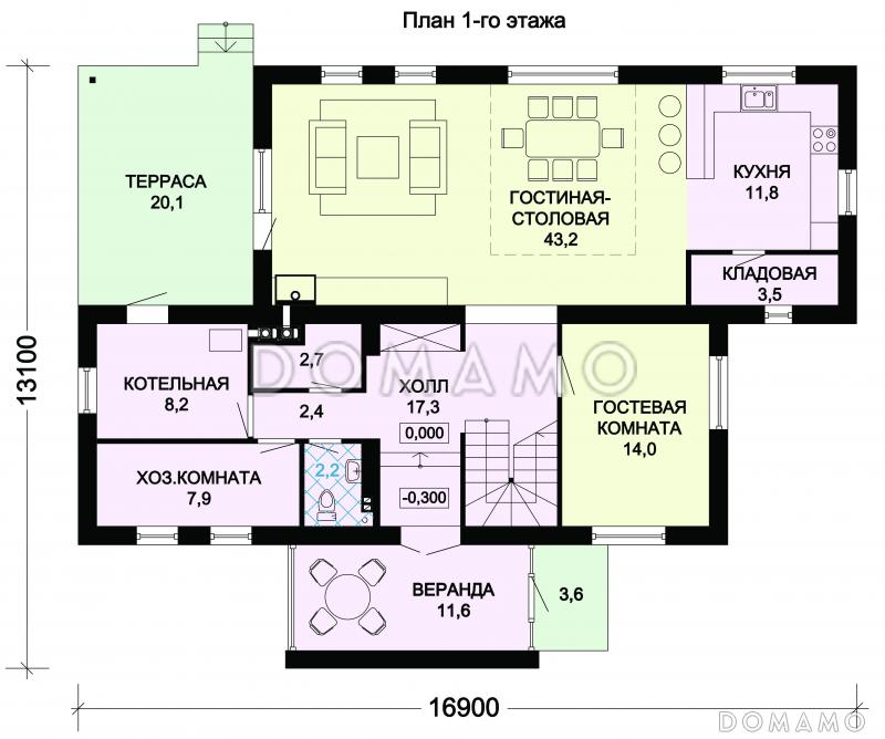 Проект дома из панелей SIP с четырьмя просторными спальными комнатами на мансардном этаже / План 1 этажа