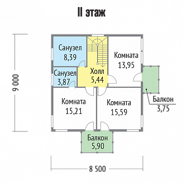 Проект каркасного дома с двумя небольшими балконами на втором этаже / План 2 этажа