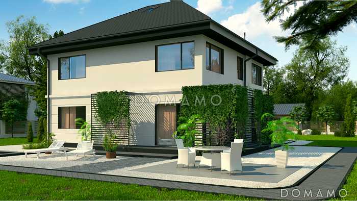 Проект двухэтажного дома с кладовой в кухне, гаражом, мастер-спальней на мансарде с террасой