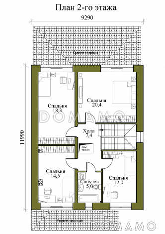 Проект двухэтажного газобетонного дома с крытой террасой и четырьмя спальнями на втором этаже / План 2 этажа