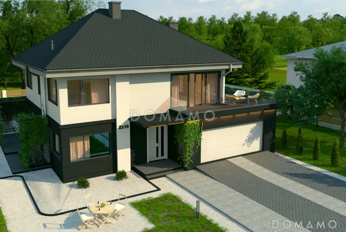 Проект двухэтажного дома с гаражом, мастер-спальней и гардеробными в спальнях