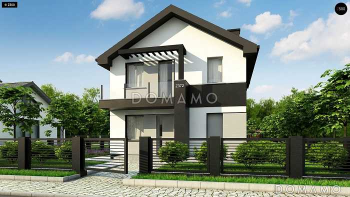 Проект двухэтажного дома с небольшой комнатой на первом этаже, кухней с окном, террасой, балконами