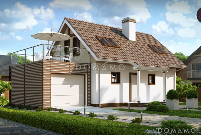 Проект одноэтажного мансардного дома из газобетона с открытой террасой над гаражом