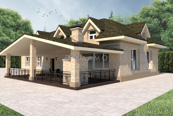 Проект двухэтажного дома с гаражем, тремя спальнями и просторной крытой террасой