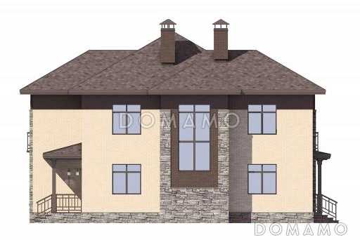 Проект дома по технологии ЛСТК с крытой террасой, кладовой под лестницей, гостевой на первом этаже, хозяйской спальней на втором этаже / Фасад 1