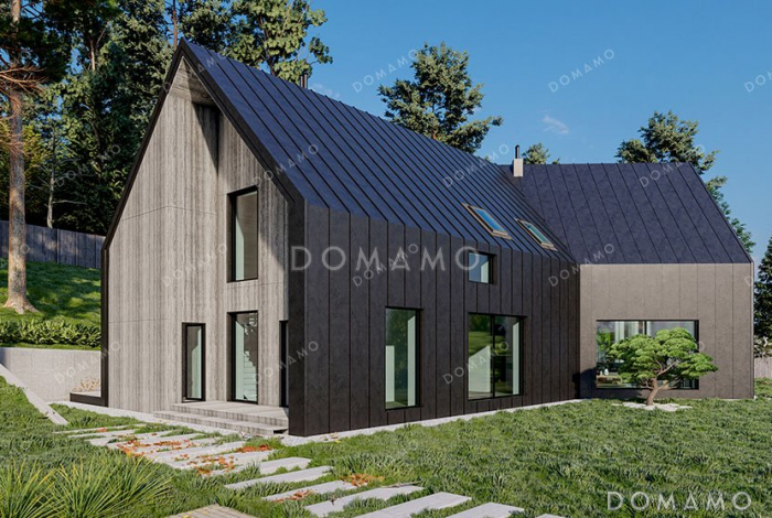 Проект одноэтажного дома с мансардой и большими окнами