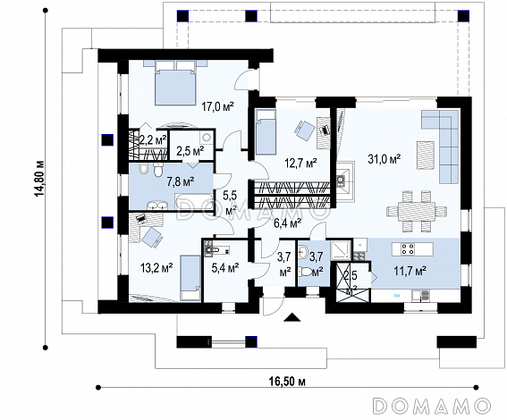 Проект стильного одноэтажного дома из газобетона с тремя спальнями и уютной террасой  / План 1 этажа