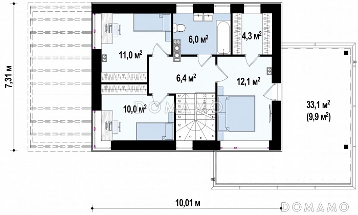 Проект современного двухэтажного дома из газобетона с четырёхскатной крышей с кабинетом, гаражом и крытыми террасами на обоих уровнях / План 2 этажа