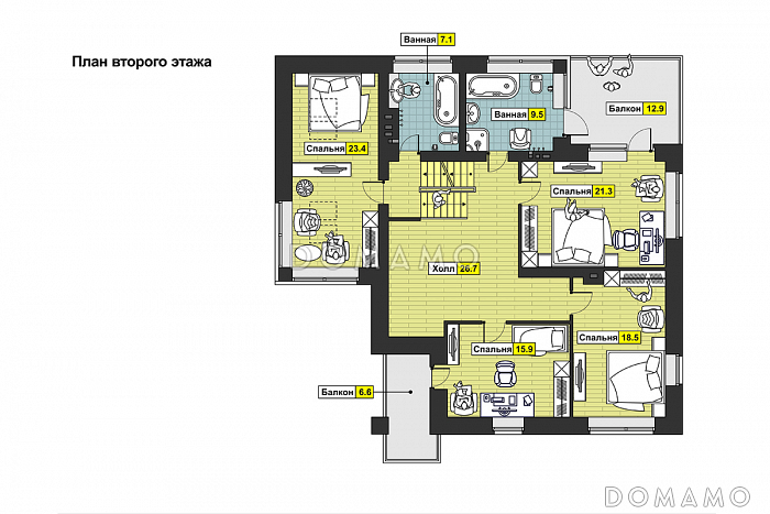 Проект дома с двухскатной крышей с мансардными окнами,  террасой, двумя балконами, кладовой на мансарде / План 2 этажа