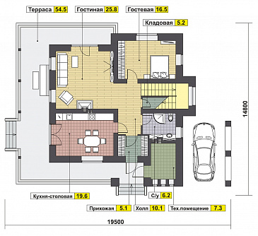 Проект шале с вторым светом и террасой по периметру / План 1 этажа