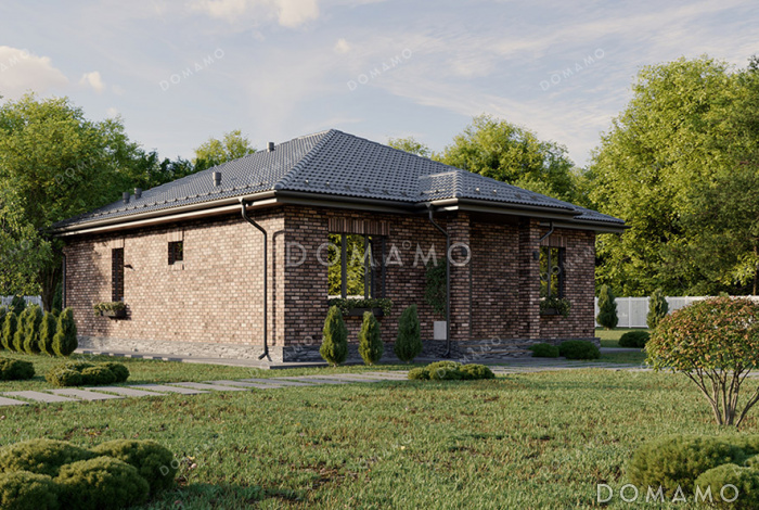 Проект простого одноэтажного дома с большой террасой, вальмовой кровлей, двумя санузлами и тремя спальнями