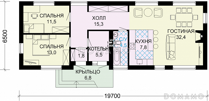 Проект одноэтажного дома из SIP панелей с большими окнами в гостиной / План 1 этажа
