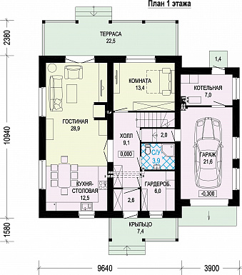 Проект двухэтажного газобетонного дома c пристроенным гаражом и котельной / План 1 этажа