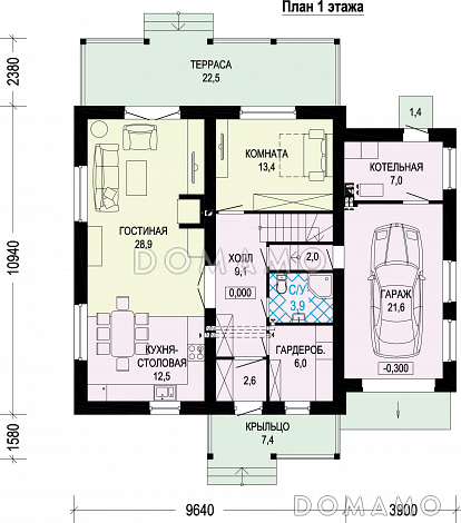 Проект двухэтажного газобетонного дома c пристроенным гаражом и котельной / План 1 этажа
