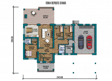 Проект дома с гаражом, навесом, подвалом, мастер-спальней и двумя детскими / План 1 этажа