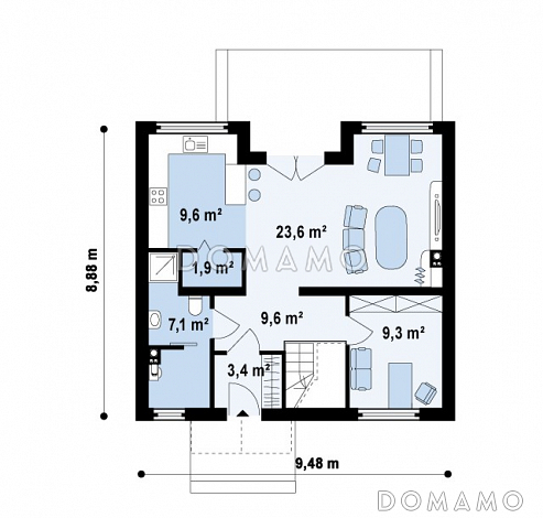 Проект одноэтажного мансардного дома из кирпича с кабинетом и балконом / План 1 этажа