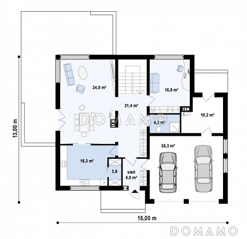 Проект просторного современного двухэтажного дома из газобетона, с пятью комнатами, гаражом и застеклённой террасой над ним / План 1 этажа