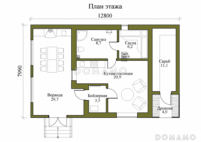 Проект одноэтажной бани с верандой, дровником и сараем / План 1 этажа