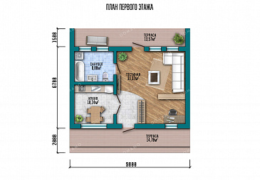 Проект маленького современного дома со стильной террасой, гостиной и кухней / План 1 этажа