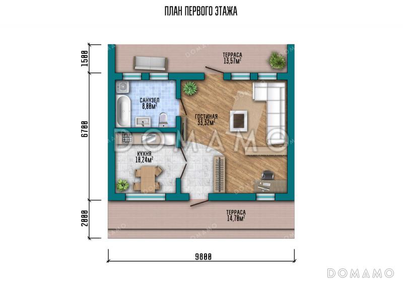 Проект маленького современного дома со стильной террасой, гостиной и кухней / План 1 этажа