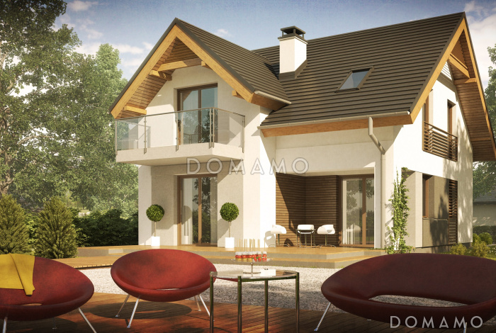 Проект небольшого одноэтажного дома из газобетона с тремя спальнями на мансардном этаже и балконом