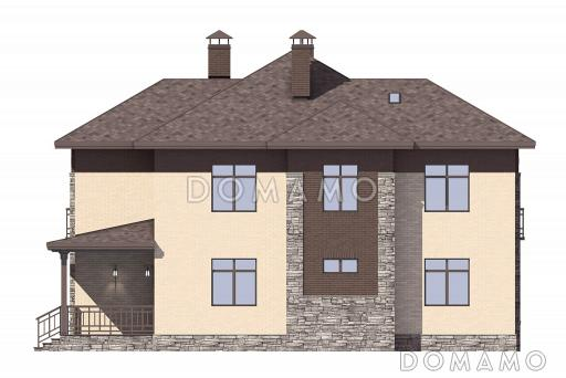 Проект дома по технологии ЛСТК с крытой террасой, кладовой под лестницей, гостевой на первом этаже, хозяйской спальней на втором этаже / Фасад 3