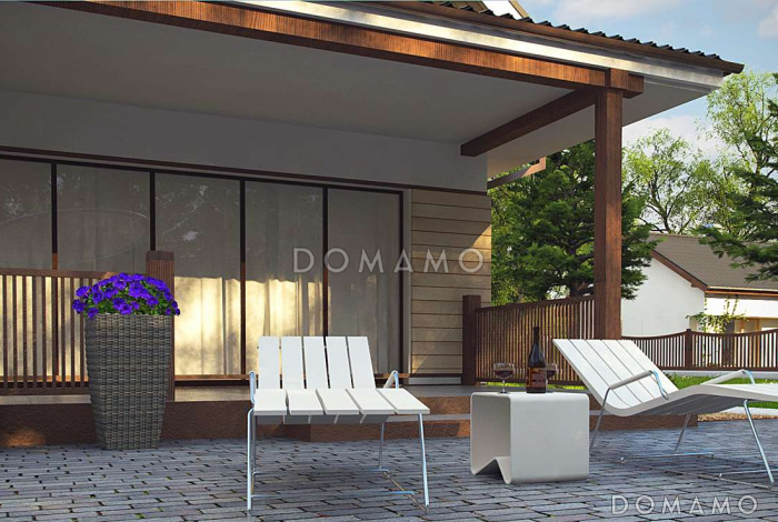 Проект небольшого мансардного дома из кирпича с панорамным остеклением дневной зоны