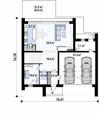 Проект загородного дома с панорамным остеклением, кабинетом, просторной гостиной, гаражом на 2 машины / План 1 этажа