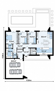 Проект современного одноэтажного углового дома из кирпича с плоской крышей, с тремя спальнями и двухместным гаражом / План 1 этажа