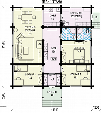 Проект дома с тремя спальнями, просторной гостиной-столовой и большим хозблоком / План 1 этажа