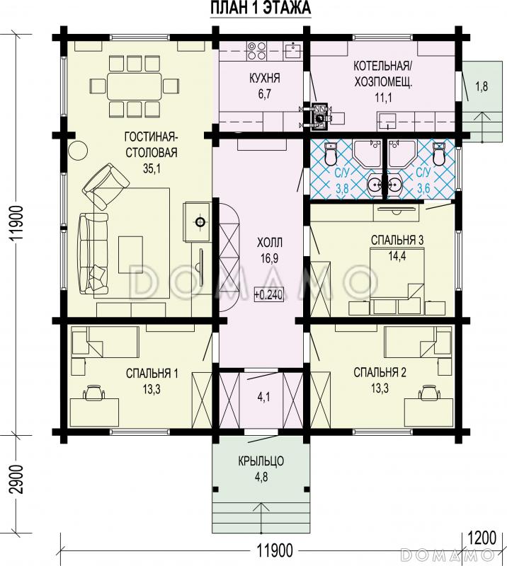 Проект дома с тремя спальнями, просторной гостиной-столовой и большим хозблоком / План 1 этажа