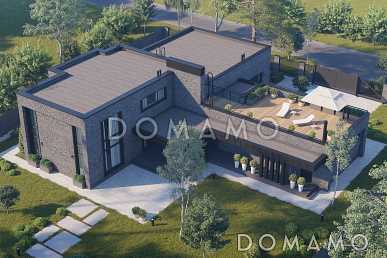 Проект дома из газобетона с эксплуатируемой кровлей, террасой барбекю, гаражом и вторым светом