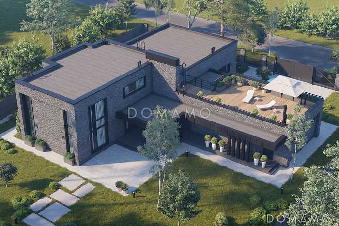 Проект дома из газобетона с эксплуатируемой кровлей, террасой барбекю, гаражом и вторым светом