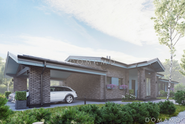 Проект кирпичного дома Г-образной формы с закрытой террасой, 3 кладовками, 3 спальнями и парной