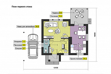 Проект дома с террасой, кухней-столовой с выходом на террасу, санузлом с окном, навесом для автомобиля / План 1 этажа