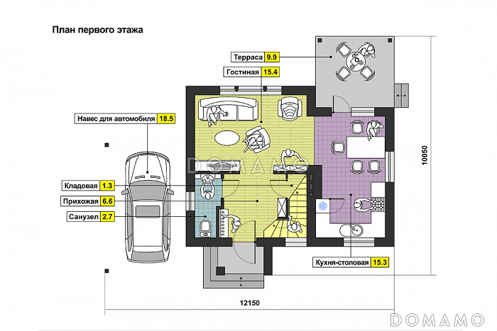 Проект дома с террасой, кухней-столовой с выходом на террасу, санузлом с окном, навесом для автомобиля / План 1 этажа