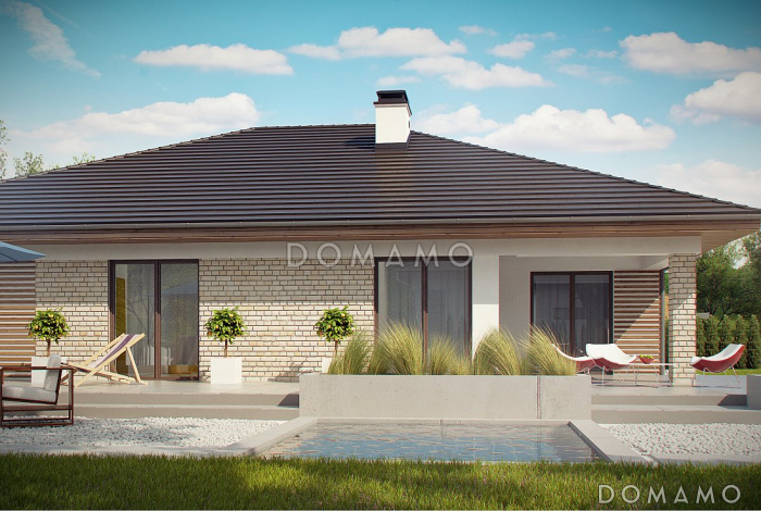 Проект одноэтажного дома с гаражом на две машины, мастер-спальней, кладовой на кухне, террасой