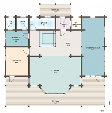 Проект дома из клееного бруса с обилием окон различной формы / План 1 этажа