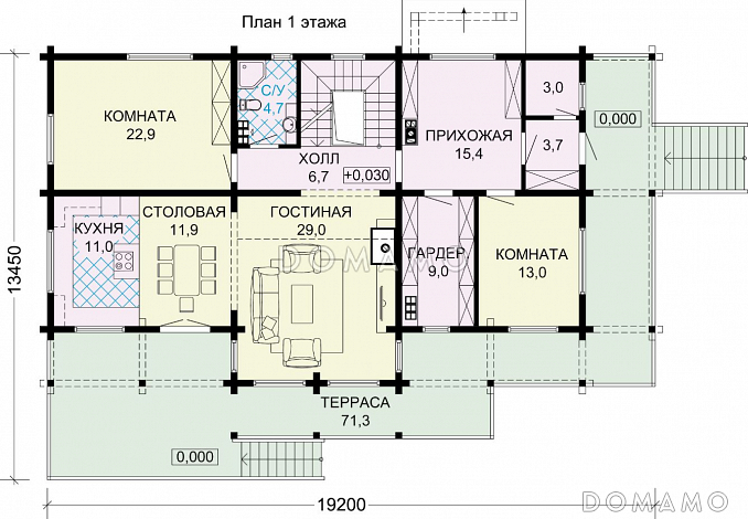 Проект особняка из бруса с цокольным этажем, тренажерным залом и панорамнымии окнами / План 1 этажа