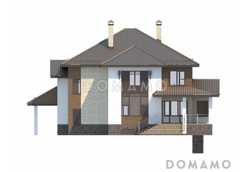 Проект особняка в трех уровнях, с комнатой отдыха на чердаке, с мастерской, гаражом и навесом под автомобиль / Фасад 3