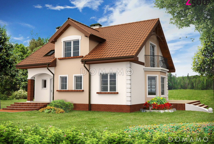 Проект одноэтажного мансардного дома из кирпича с кабинетом, эркером и балконом над ним