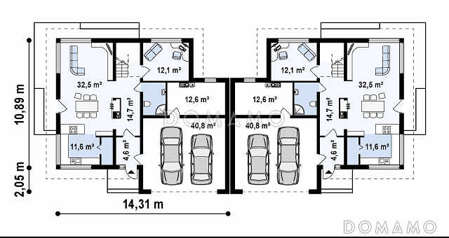 Проект двухэтажных домов-близнецов из газобетона с открытой террасой над большим гаражом  / План 1 этажа