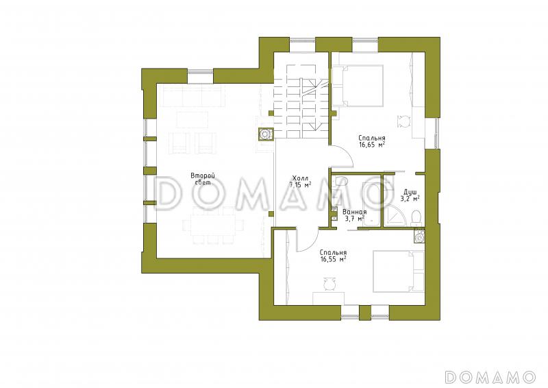 Проект коттеджа с двусветной гостиной и террасой. / План мансардного этажа