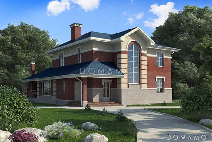 Проект дома с овальным холлом, террасой с барбекю, спальней на первом этаже, хозяйской ванной