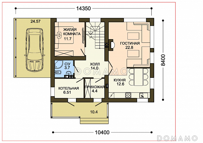 Проект практичного двухэтажного дома с большой гардеробной и навесом для автомобиля  / План 1 этажа