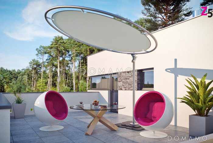 Проект современного двухэтажного дома из газобетона в стиле модерн, с террасой на втором уровне, с гаражом