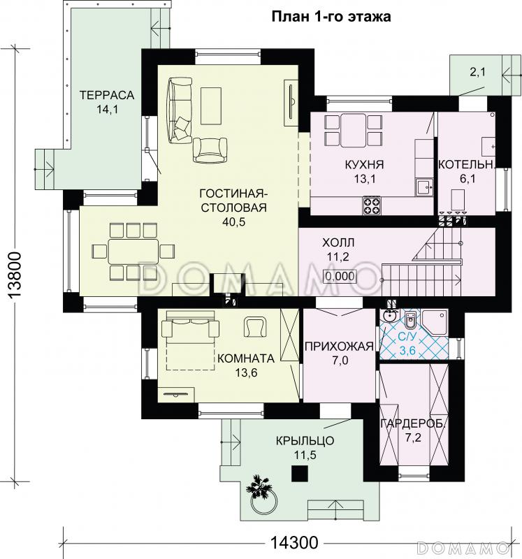 Проект кирпичного дома с санузлом в спальной комнате / План 1 этажа